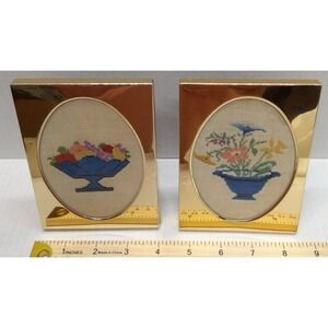 Set of 2 4x5 Gold Picture Frames with Crewel Embroidery Flower Pot & Fruit Bowl